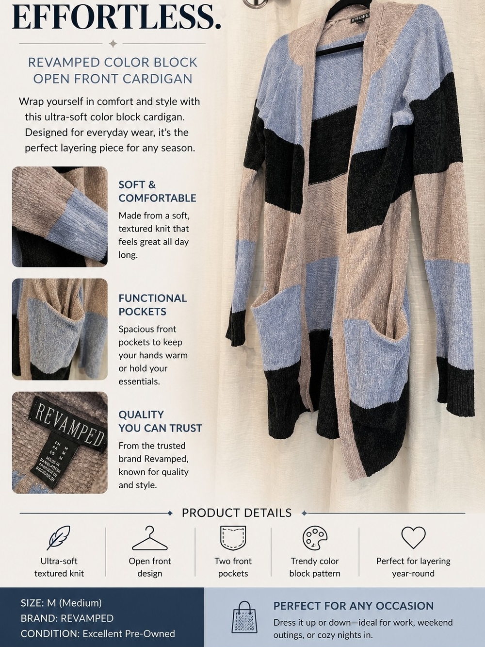 Revamped Color Block Open Front Cardigan - Taupe/Blue/Black